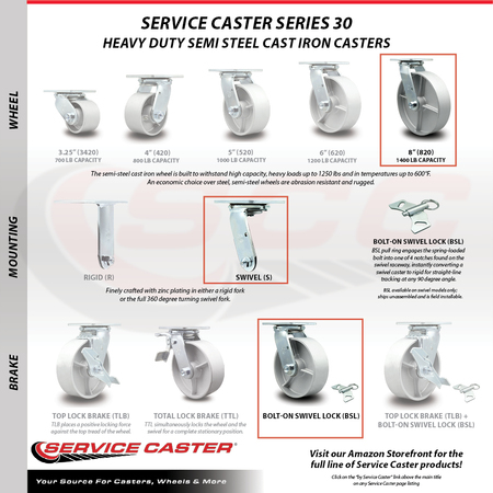 Service Caster 8 Inch Semi Steel Caster Set with Ball Bearings 2 Brakes 2 Swivel Locks SCC SCC-TTL30S820-SSB-2-BSL-2